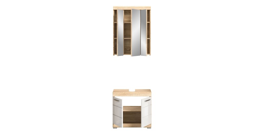 Ensemble de meubles de salle de bain RIDLEY – Meuble sous vasque et rangement miroir – Blanc et chêne clair 