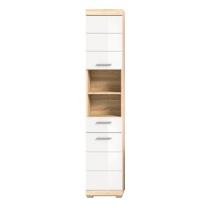 Colonne de salle de bain LEWOTO – 2 portes, 1 tiroir – Blanc et chêne clair 