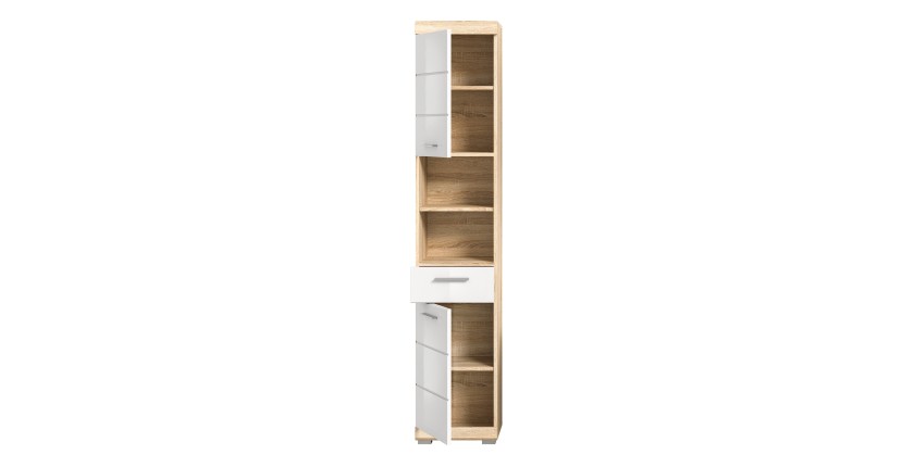 Colonne de salle de bain LEWOTO – 2 portes, 1 tiroir – Blanc et chêne clair 