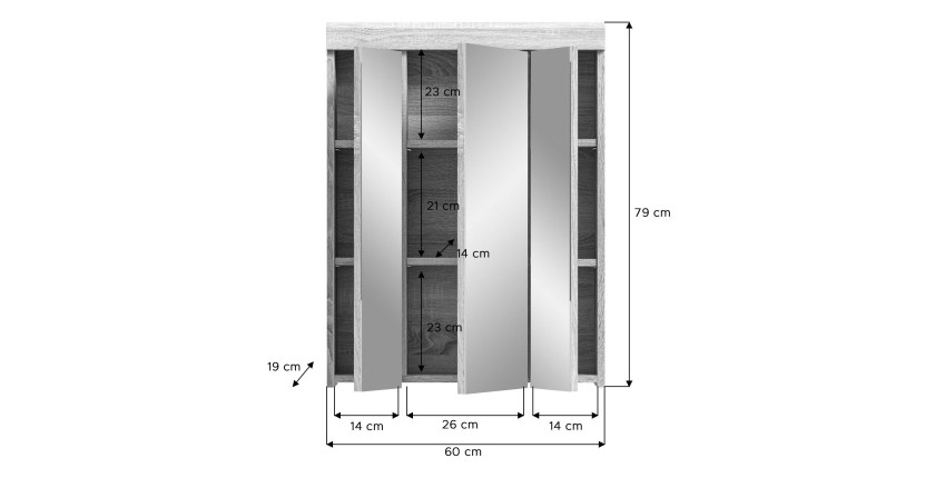 Armoire de rangement avec miroirs LEWOTO – Blanc et chêne – 60x79x18 cm 