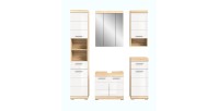 Ensemble de salle de bain LEWOTO – 1 colonne, 1 meuble sous vasque, 1 armoire avec miroir, et 2 demi-colonnes – Blanc et chêne 