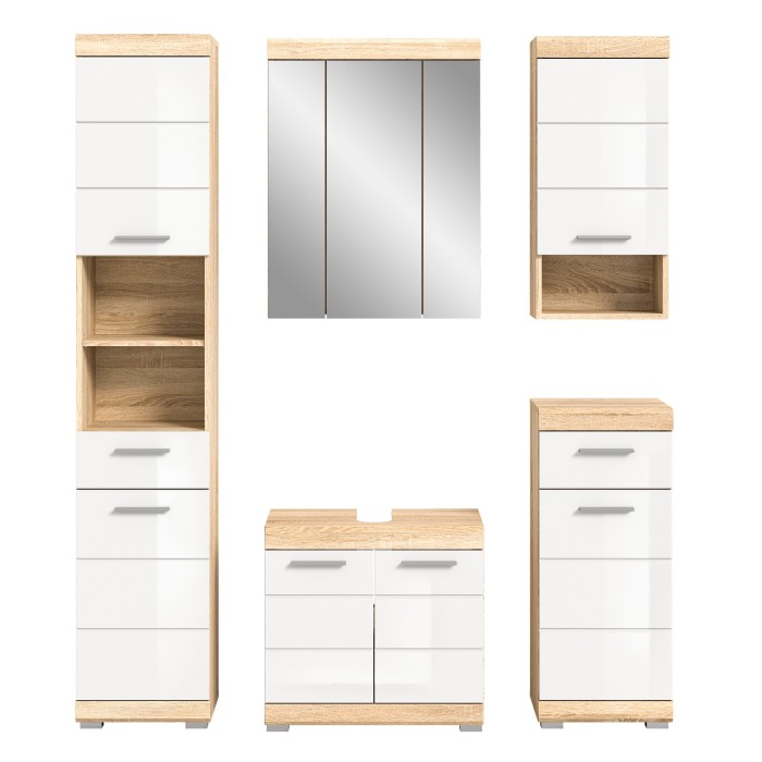 Ensemble de salle de bain LEWOTO – 1 colonne, 1 meuble sous vasque, 1 armoire avec miroir, et 2 demi-colonnes – Blanc et chêne 