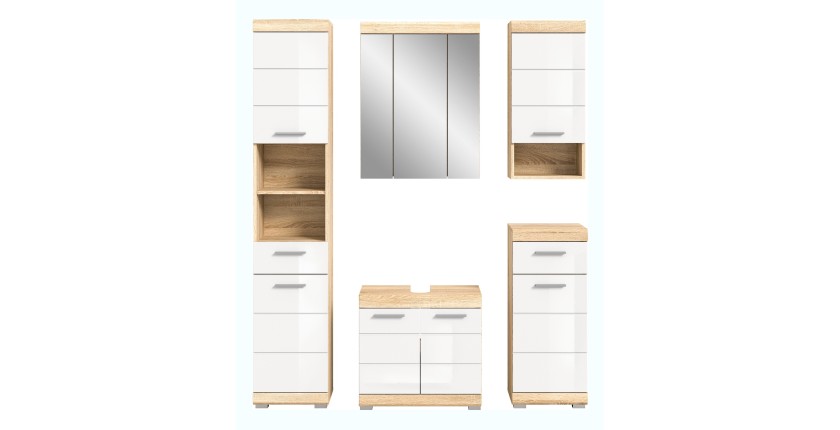 Ensemble de salle de bain LEWOTO – 1 colonne, 1 meuble sous vasque, 1 armoire avec miroir, et 2 demi-colonnes – Blanc et chêne 