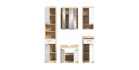 Ensemble de salle de bain LEWOTO – 1 colonne, 1 meuble sous vasque, 1 armoire avec miroir, et 2 demi-colonnes – Blanc et chêne 