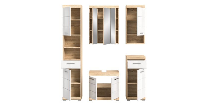 Ensemble de salle de bain LEWOTO – 1 colonne, 1 meuble sous vasque, 1 armoire avec miroir, et 2 demi-colonnes – Blanc et chêne 