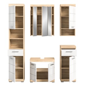 Ensemble de salle de bain LEWOTO – 1 colonne, 1 meuble sous vasque, 1 armoire avec miroir, et 2 demi-colonnes – Blanc et chêne 