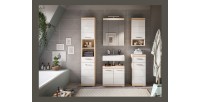 Ensemble de salle de bain LEWOTO – 1 colonne, 1 meuble sous vasque, 1 armoire avec miroir, et 2 demi-colonnes – Blanc et chêne 