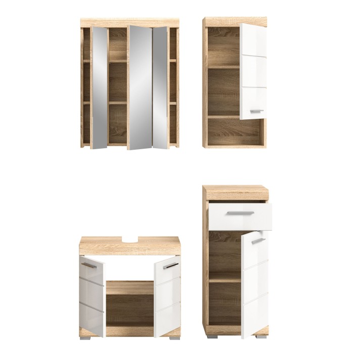 Ensemble de salle de bain : 1 meuble sous vasque, 1 armoire avec miroir et 2 demi colonne 