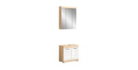 Ensemble de salle de bain LEWOTO – Meuble sous vasque et armoire avec miroir – Blanc et chêne 