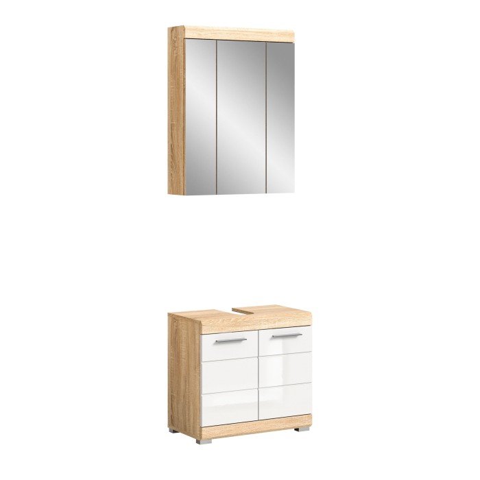 Ensemble de salle de bain LEWOTO – Meuble sous vasque et armoire avec miroir – Blanc et chêne 