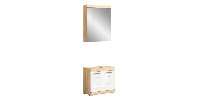 Ensemble de salle de bain LEWOTO – Meuble sous vasque et armoire avec miroir – Blanc et chêne 