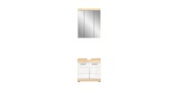 Ensemble de salle de bain LEWOTO – Meuble sous vasque et armoire avec miroir – Blanc et chêne 
