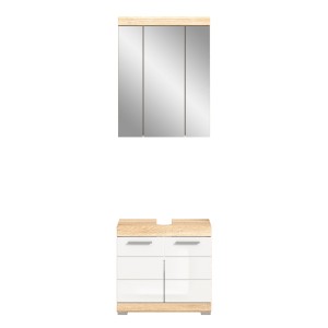 Ensemble de salle de bain LEWOTO – Meuble sous vasque et armoire avec miroir – Blanc et chêne 
