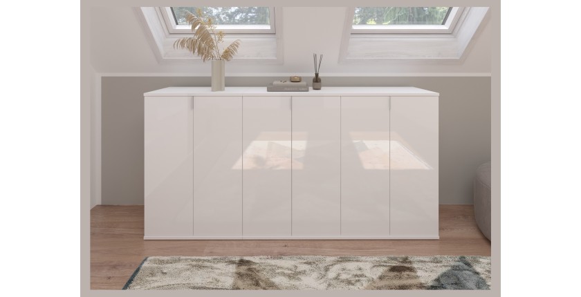 Buffet BODITE – 6 portes – Blanc laqué – Grand meuble de rangement 