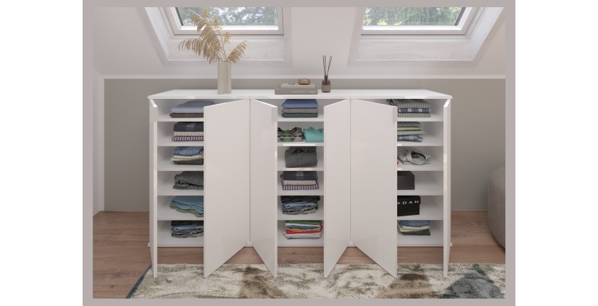 Buffet BODITE – 6 portes – Blanc laqué – Grand meuble de rangement 