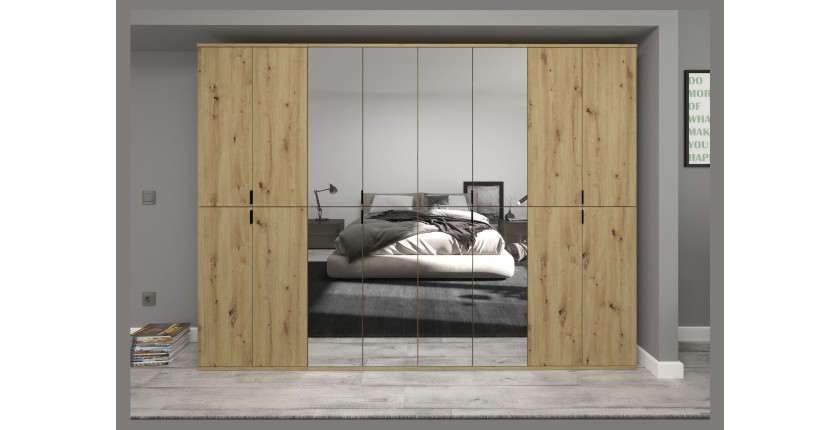 Armoire de rangement BODITE – 16 portes avec miroirs – Chêne clair 