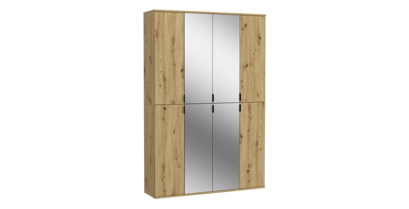 Armoire de rangement BODITE – 8 portes avec miroirs – Chêne clair 