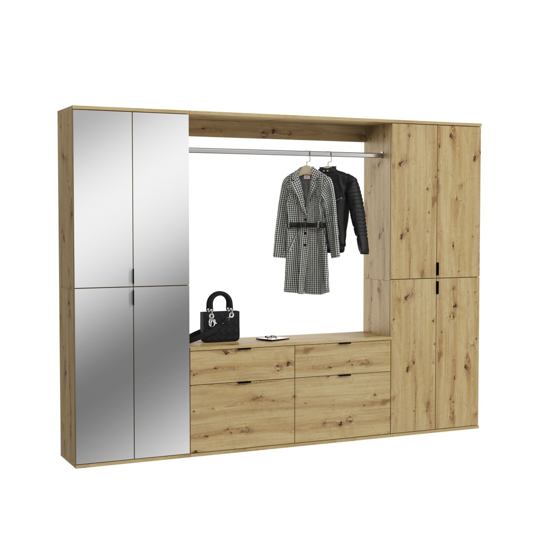 Armoire de rangement 8 portes avec miroirs + penderie + tiroirs – Chêne clair – BODITE 