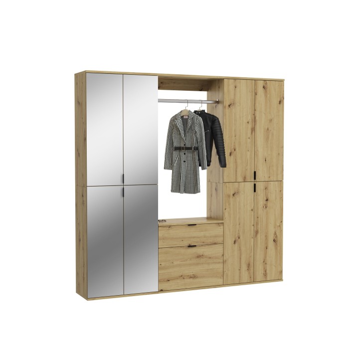 Armoire de rangement 8 portes avec miroirs + penderie et tiroirs – Chêne clair – BODITE 