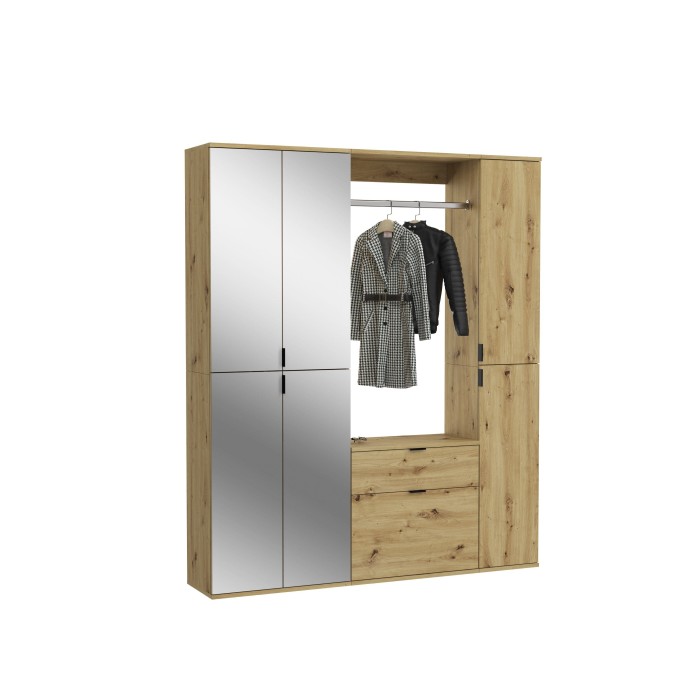Armoire de rangement 6 portes avec miroirs + penderie et tiroirs – Chêne clair – BODITE 