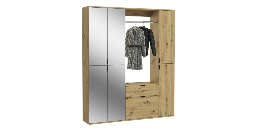 Armoire de rangement 6 portes avec miroirs + penderie et tiroirs – Chêne clair – BODITE 