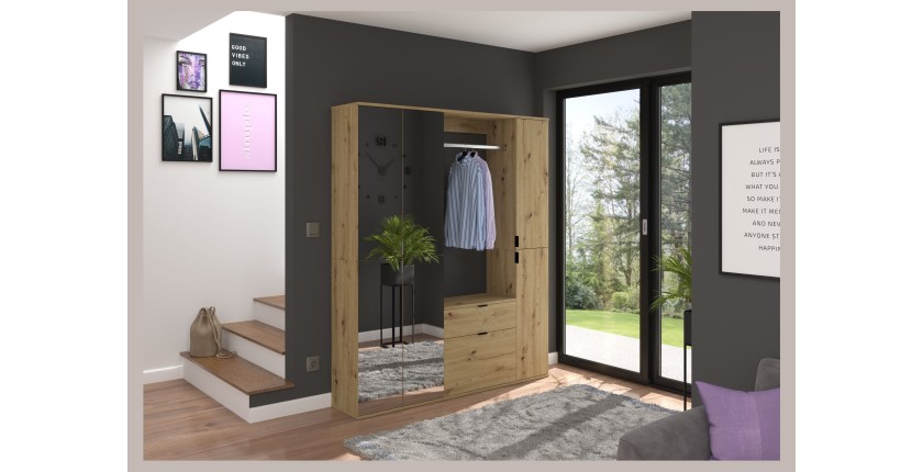 Armoire de rangement 6 portes avec miroirs + penderie et tiroirs – Chêne clair – BODITE 