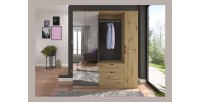 Armoire de rangement 6 portes avec miroirs + penderie et tiroirs – Chêne clair – BODITE 