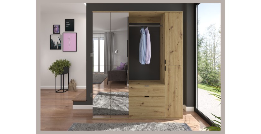 Armoire de rangement 6 portes avec miroirs + penderie et tiroirs – Chêne clair – BODITE 
