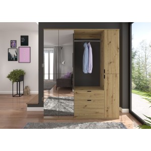 Armoire de rangement 6 portes avec miroirs + penderie et tiroirs – Chêne clair – BODITE 