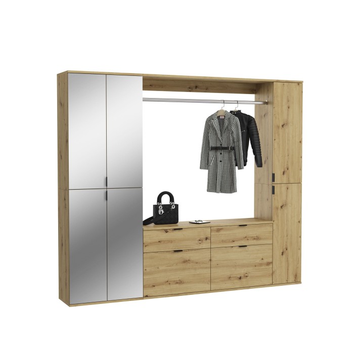 Armoire de rangement 6 portes avec miroirs, penderie et 4 tiroirs – Chêne clair – BODITE 