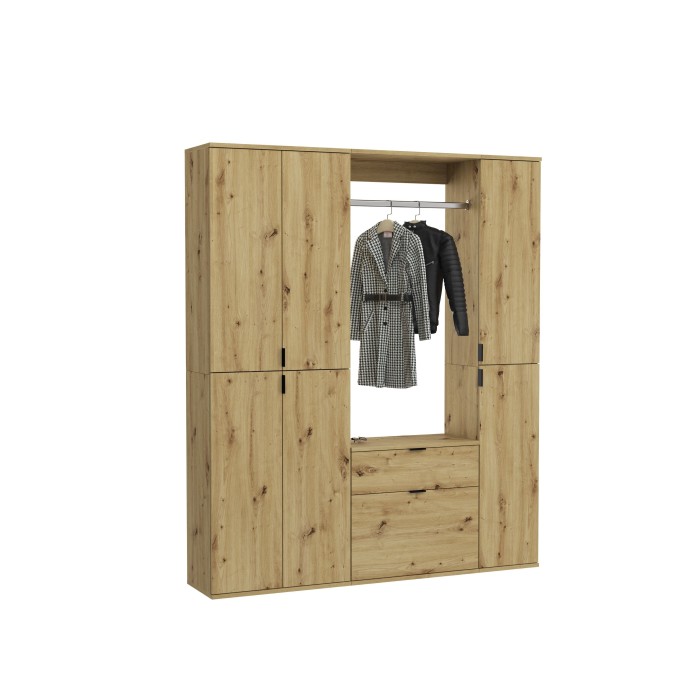 Armoire de rangement 6 portes avec miroirs, penderie et 4 tiroirs – Chêne clair – BODITE 