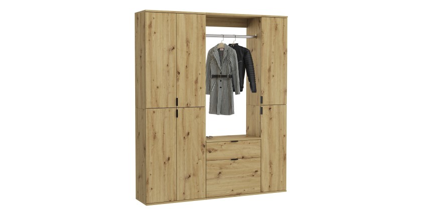 Armoire de rangement 6 portes avec miroirs, penderie et 4 tiroirs – Chêne clair – BODITE 