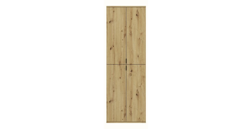 Armoire de rangement 6 portes avec miroirs, penderie et 4 tiroirs – Chêne clair – BODITE 