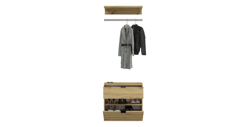 Armoire de rangement 6 portes avec miroirs, penderie et 4 tiroirs – Chêne clair – BODITE 