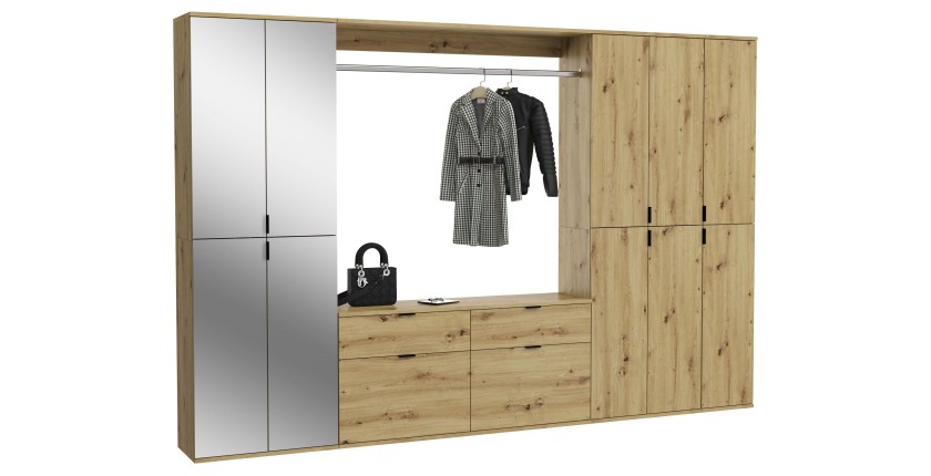 Armoire de rangement 10 portes avec miroirs + penderie + 4 tiroirs – Chêne clair – BODITE 