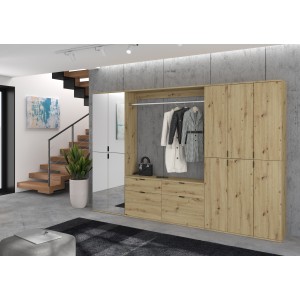 Armoire de rangement 10 portes avec miroirs + penderie + 4 tiroirs – Chêne clair – BODITE 