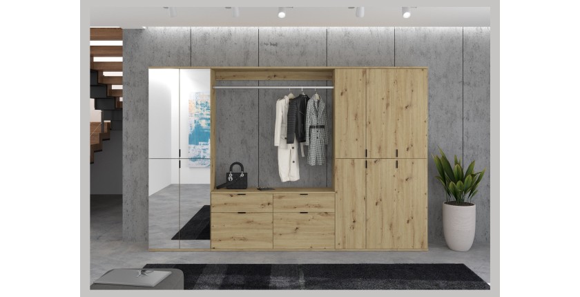 Armoire de rangement 10 portes avec miroirs + penderie + 4 tiroirs – Chêne clair – BODITE 