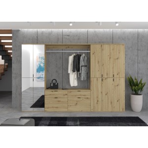 Armoire de rangement 10 portes avec miroirs + penderie + 4 tiroirs – Chêne clair – BODITE 