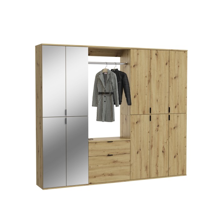 Armoire de rangement 10 portes avec miroirs + penderie + 2 tiroirs – Chêne clair – BODITE 