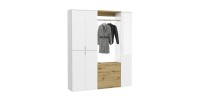 Armoire de rangement 6 portes, 4 tiroirs et 1 penderie – Blanc et chêne – BODITE 