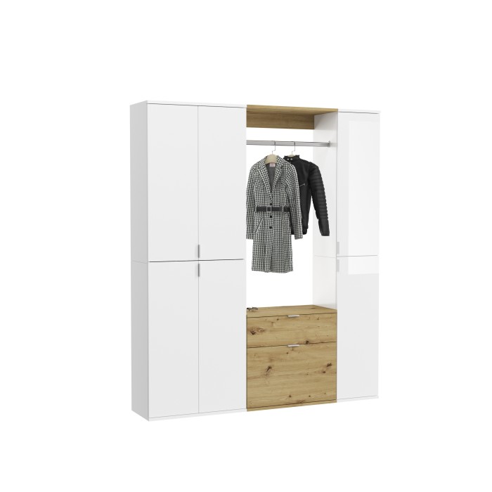 Armoire de rangement 6 portes, 4 tiroirs et 1 penderie – Blanc et chêne – BODITE 