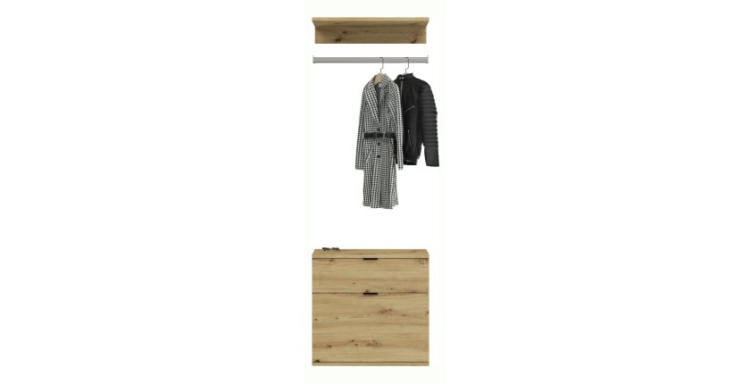 Armoire de rangement 6 portes, 4 tiroirs et 1 penderie – Blanc et chêne – BODITE 