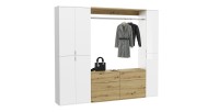 Armoire de rangement 6 portes, 4 tiroirs et 1 penderie – Blanc et chêne – BODITE 