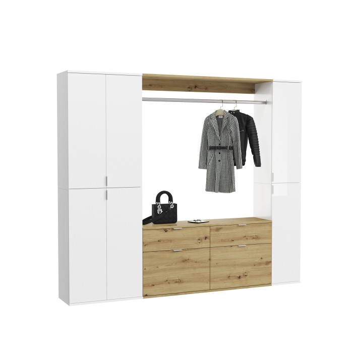 Armoire de rangement 6 portes, 4 tiroirs et 1 penderie – Blanc et chêne – BODITE 