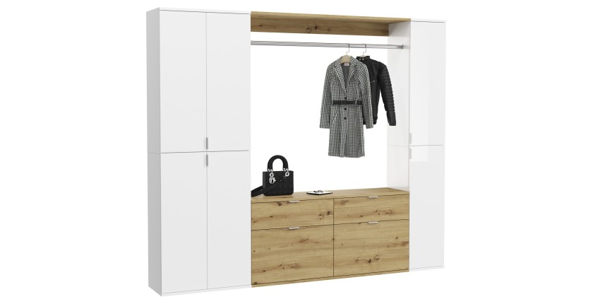 Armoire de rangement 6 portes, 4 tiroirs et 1 penderie – Blanc et chêne – BODITE 