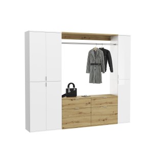 Armoire de rangement 6 portes, 4 tiroirs et 1 penderie – Blanc et chêne – BODITE 