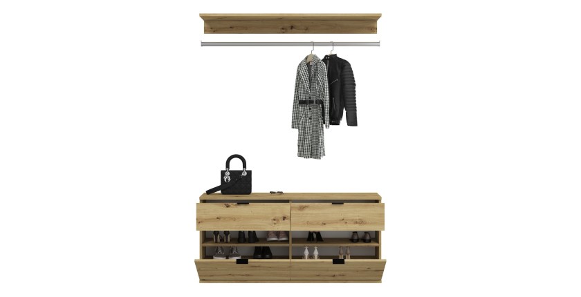 Armoire de rangement 6 portes, 4 tiroirs et 1 penderie – Blanc et chêne – BODITE 