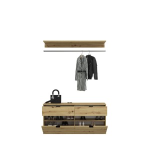 Armoire de rangement 6 portes, 4 tiroirs et 1 penderie – Blanc et chêne – BODITE 
