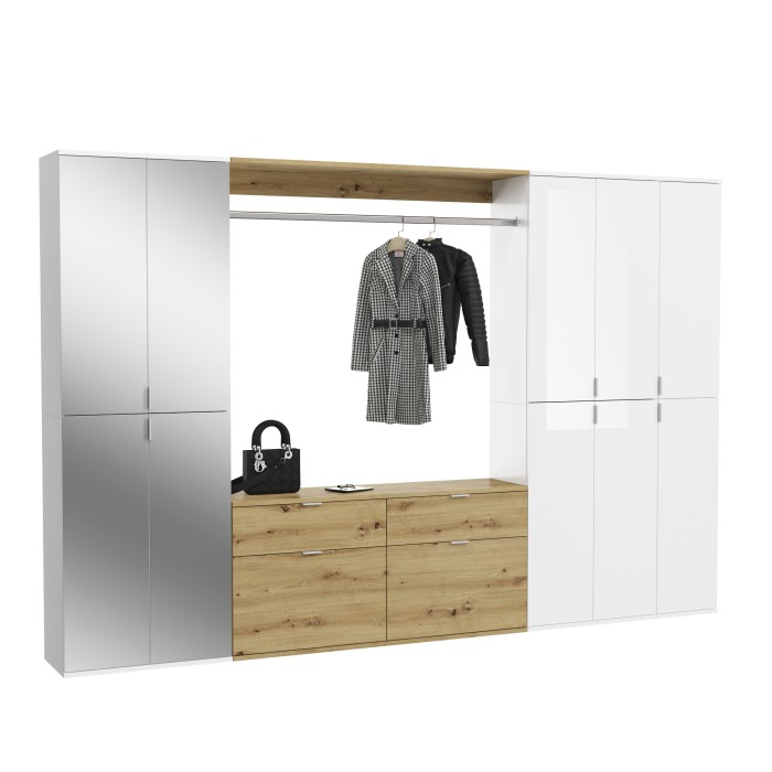 Armoire de rangement 10 portes, 4 miroirs, 4 tiroirs et une penderie – Blanc et chêne – BODITE 