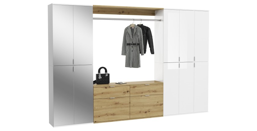 Armoire de rangement 10 portes, 4 miroirs, 4 tiroirs et une penderie – Blanc et chêne – BODITE 
